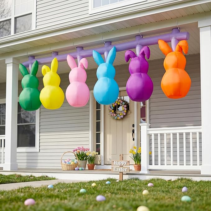 10FT Long Easter Inflatable Bunny Flashing Lights Decorations, Built-in LED Lighted Blow Up Decoration, Cute Easter Inflatables Outdoor Decorations for Home, Yard, Garden, Lawn, Indoor, Party