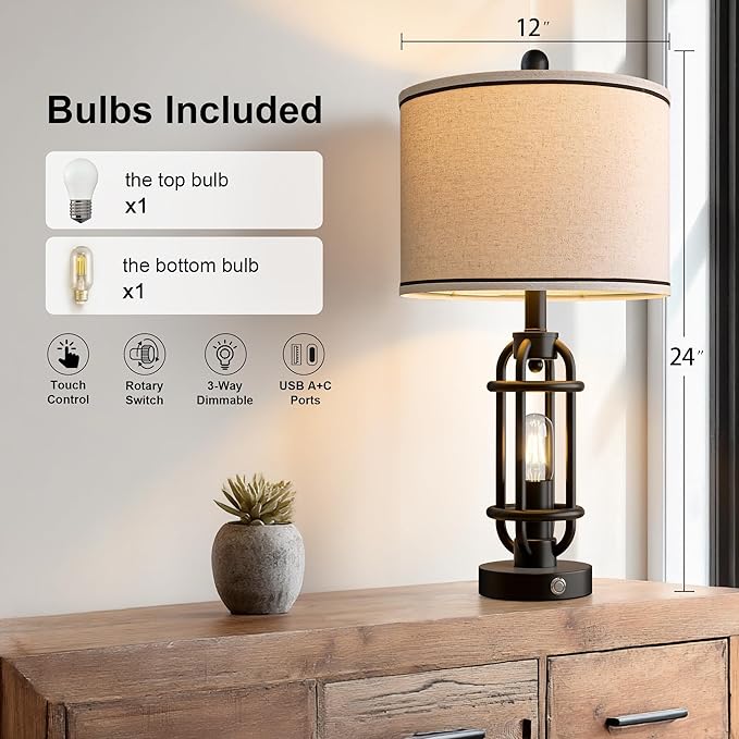 24'' Table Lamps for Living Room Bedroom Industrial Touch Lamp with USB A+C Ports, Night Light Farmhouse Vintage Nightstand Bedside Lamps for Night Stands Metal Black, Bulbs Included