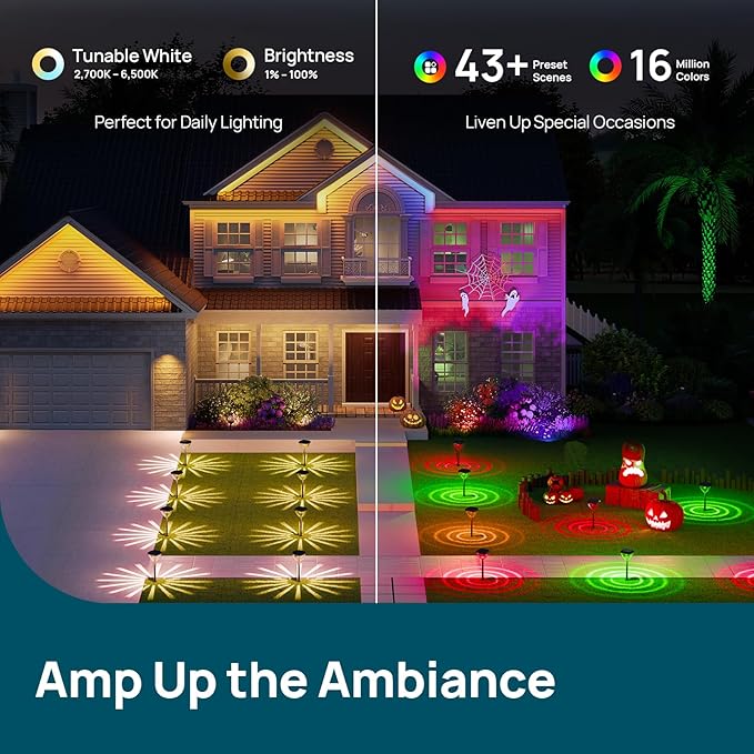 Linkind Smart Solar Pathway Lights SP6, in-App Pattern Switching Solar Lights Outdoor, USB&Solar Charging St. Patrick's Day Lights, Cool/Warm White/Color-Changing Lighting for Yard, Patio, 4 Pack