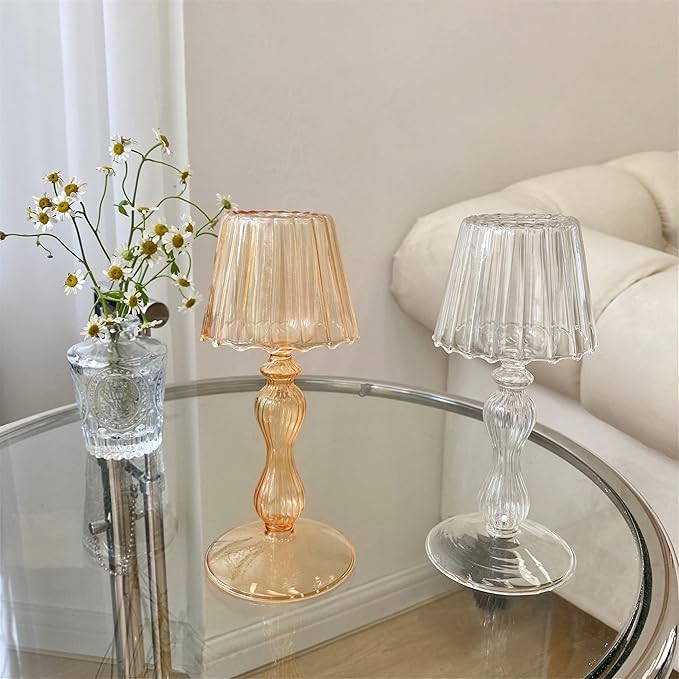 Desk Lamp Shaped Glass Candle Holder - Glass Hurricane Candleholder Crystal Decorative Candle Stand for Table Wedding Dinning Centerpieces Party Supplies Decor Amber