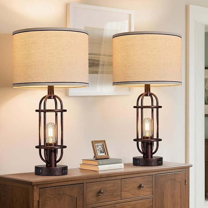 22.3" Table Lamps for Living Room Set of 2, Farmhouse Lamps for Nightstand, Vintage Table Lamps for Bedroom with USB Ports, Bulbs Included