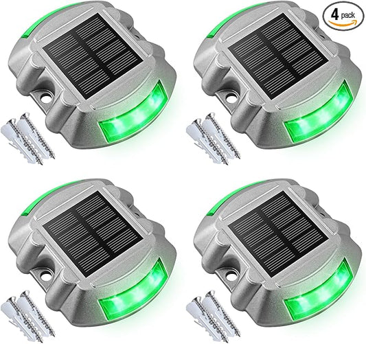 VOLISUN Christmas Solar Deck Lights Driveway Dock Lights, 4-Pack Led IP68 Waterproof Outdoor Warning Step Light for Driveway Sidewalk Garden Pathway Yard(Green, Auto On/Off