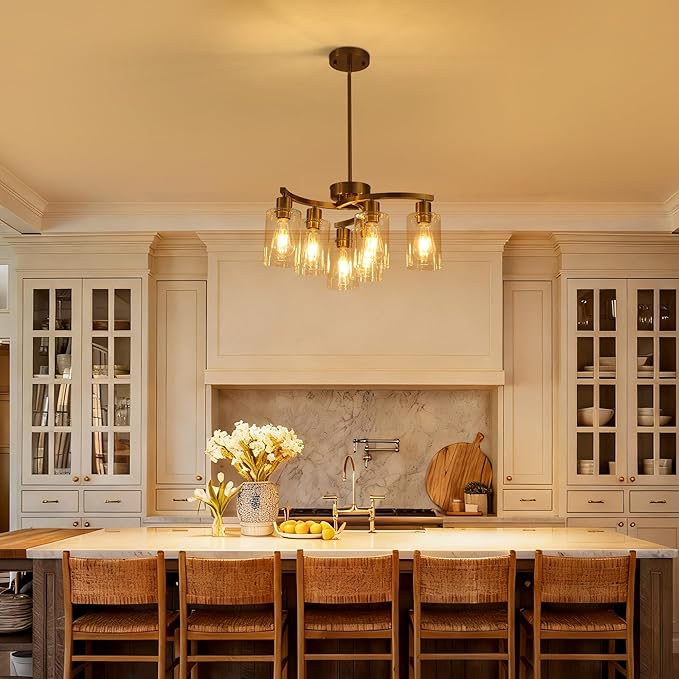 6 Light Gold Dining Room Light Fixture，Modern Farmhouse Kitchen Chandeliers Over Table，Adjustable Height Hanging Pendant Lighting for Kitchen Island ，with Glass Shade