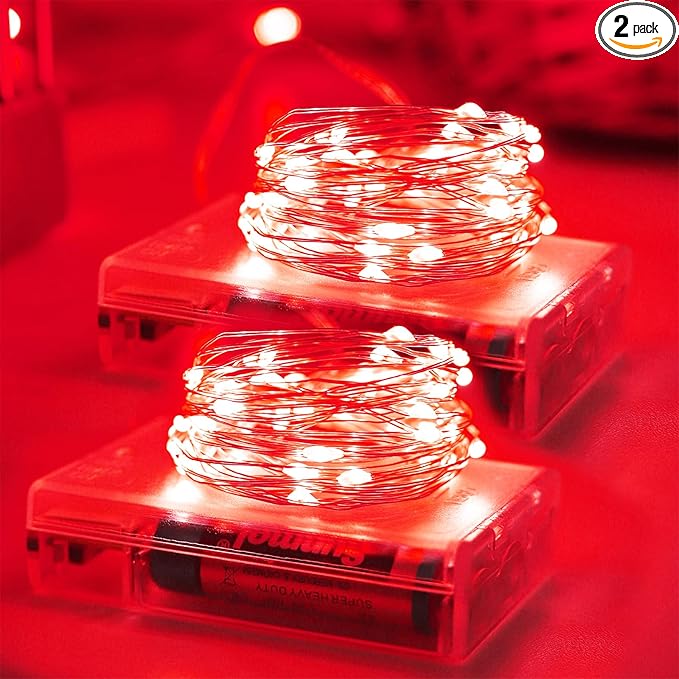 YAOZHOU Christmas Decorations Red Fairy String Lights, Battery Operated with Timer, 2 Pack Total 33FT 100 Led Mini Battery Powered Mason Jar Waterproof Firefly Lights DIY Party Halloween