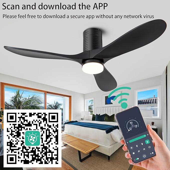 52" Flush Mount Ceiling Fans with Lights and Remote/APP Control, 3CCT Dimmable LED, 6 Speed DC Motor, Low Profile Ceiling Fan for Bedroom, Hallway,Indoor/Outdoo