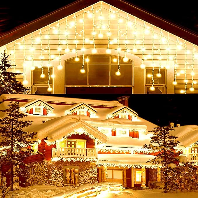 Icicle Lights for Outside,95ft 800 LEDs Warm White Christmas Light Outdoor,8 Modes,Timer,Plug in Waterproof Twinkly Icicle Lights for Eaves Yard Party House Holiday Christmas Decoration