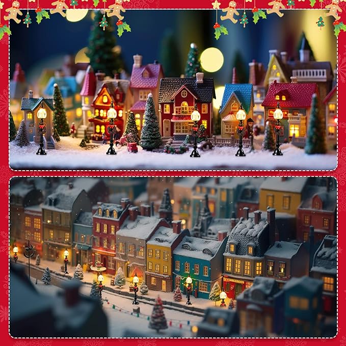 Baquler 12 Pcs Christmas Lamp Posts Christmas Village Accessories Miniature Fairy Street Lamps Decorative Uptown Mini Street Lights Pathway Lantern for Xmas Holiday Decoration DIY Craft(Modern)