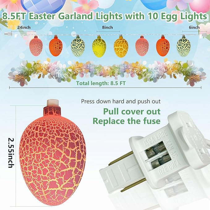 8.5Ft Easter Garland with Lights, Plug in Easter Egg String Lights & Pastel Tinsel Set (White Wire), Connectable Waterproof Indoor Outdoor Decor for Home Mantle Bedroom Party