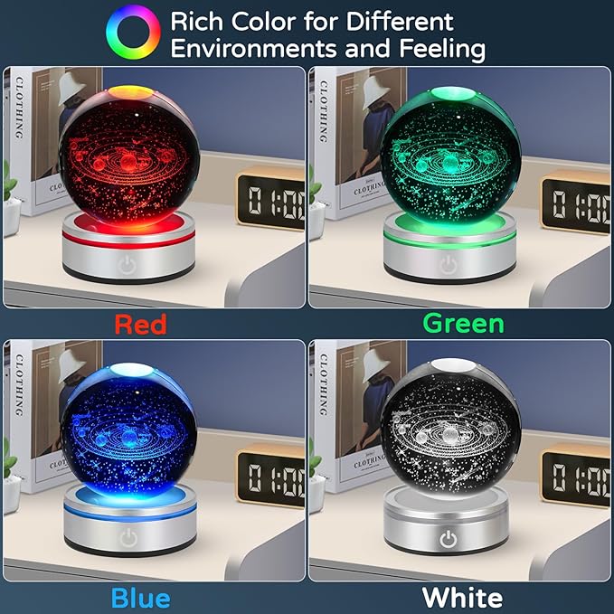 3D Solar System Crystal Ball Night Light with LED Colorful Lighting Touch Base Upgrade 3.15 In Galaxy Planets Glass Ball Lamp Paperweight Astronomy Gift Decor for Boys Girls Kids Birthday Christmas