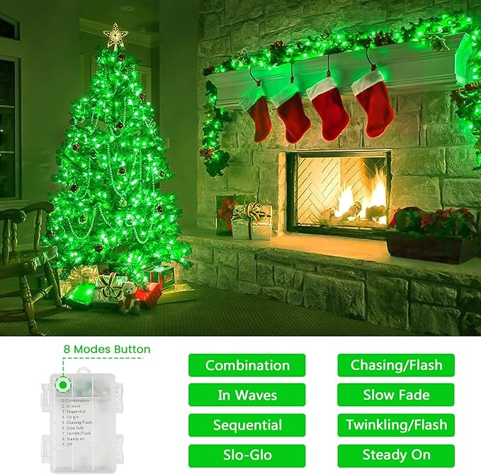 2 Pack Christmas String Lights Battery Operated with Timer, 66FT 200 LED Waterproof Twinkle Lights, 8 Modes Fairy Light for Indoor and Outdoor Bedroom Garland Tree Christmas Decorations (Green)