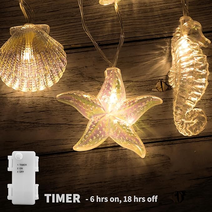 YOLIGHT Seashell Starfish Seahorse String Lights Timer 6.5ft 10 LED Ocean Fairy Lights Battery Operated Under The Sea Decoration for Tropical Nautical Theme Party Beach Wedding Kids Room Décor