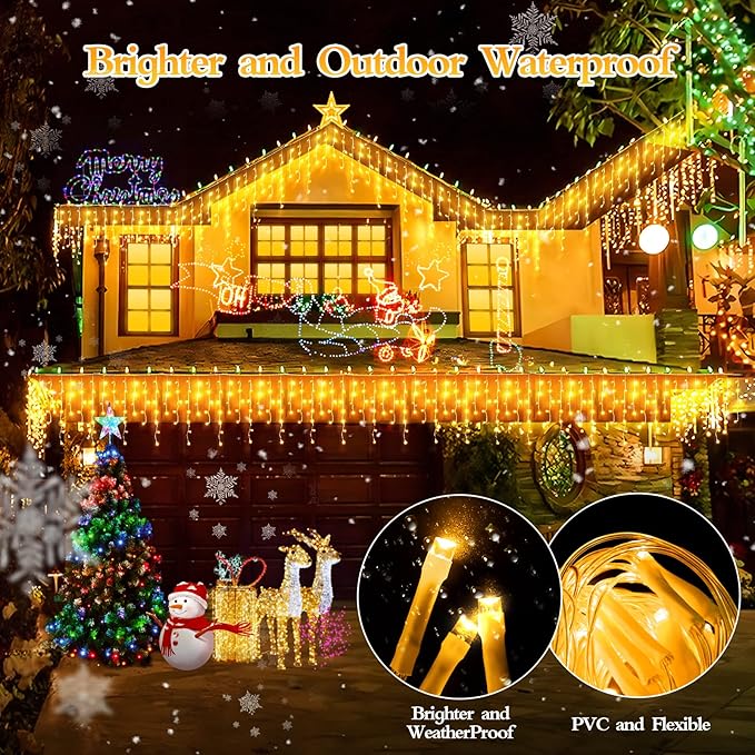 98FT 960 LED Christmas Lights, Waterproof 8 Modes Ice Lights for Outside with Memory and Timer Hanging Fairy Lights Plug-in Curtain String Lights for Holiday Party Wedding Home (Warm White)