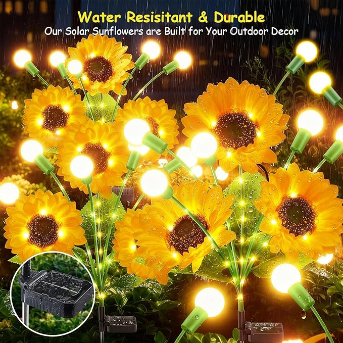 Garpar Garden Lights Solar Powered, Upgraded Bigger Solar Sunflowers with Swaying Firefly Lights, Brighter Waterproof Solar Yard Lights for Outdoor Garden Pathway Patio Lawn Backyard, Gift, 2Pack