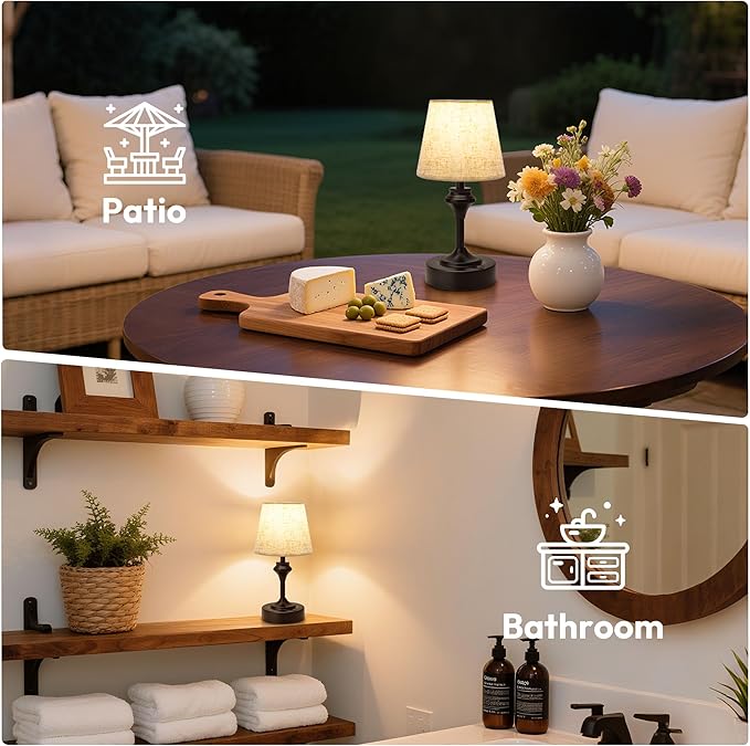 NIORSUN Portables Cordless Table Lamp Set of 2,10.2" Flaxen Fabric Shade Battery Operated Lamp,5200mAh Bedside Table Lamp with Warm White,3 Way Dimmable Touch Desk Lamp for Living Room (Black)