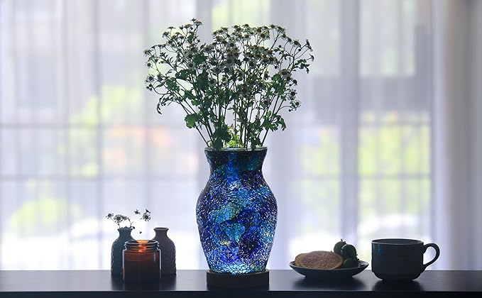 8-Inch Handcrafted Mosaic Cracked-Ice Vase Bedside Lamp with USB-Powered LED Wooden Base,Single-Switch Auto-Cycle RGB Mood Light,Ocean Blue Vase USB Night Light for Party,Camping Decor