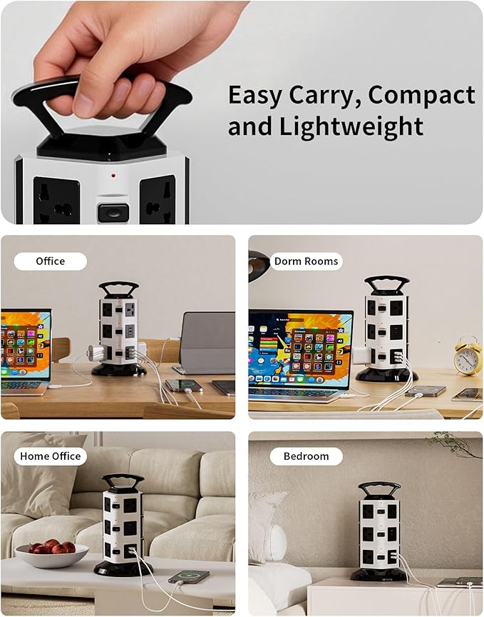 Power Strip Tower with 10 Outlets, 4 USB-A & 2 USB-C Ports, 1875W/15A Heavy Duty Charging Station for Multiple Devices, Plug Tower with 6ft Extension Cord, for Home, Office, Dorm