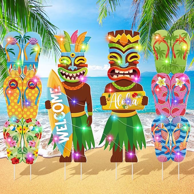 Bencailor 4 Pcs Hawaiian Luau Decoration Outdoor Totem Yard Signs with Stakes LED Large Aloha Tropical Themed Party Supplies Bar Decor for Outdoor Lawn Garden Beach Sand(Hawaiian)
