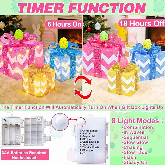 Timer & 8 Mode 3 Pack Easter Decorations, Pink Blue Yellow Easter Lighted Gift Boxes with Eggs Glitter Bow 60 LED Battery Operated Present Box, Easter Decor Spring Party Indoor Outdoor Home