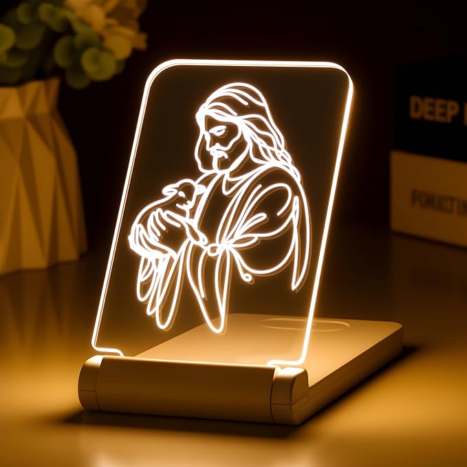 lacte & melle The Good Shepherd Night Light - Jesus Holding Lamb LED Lamp - Foldable Sympathy & Bereavement Gift - Religious Comfort Light for Grief, Loss, and Anxiety - Psalm 23 Decor