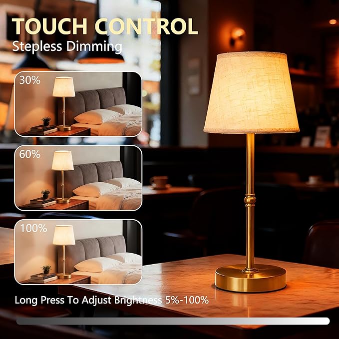 Cordless LED Table Lamp, 6000mAh Rechargeable Battery Operated Desk Lamp, 3-Level Dimming Metal Portable Nightlight for Restaurant, Bedroom, Bar, Patio, Gold