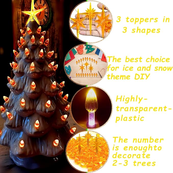Ceramic Christmas Tree Replacement Lights Bulbs, Golden Yellow Medium Twist Plastics Pegs Ornaments for Ceramic Tree(87 Bulbs＆ 3 Topper Star)