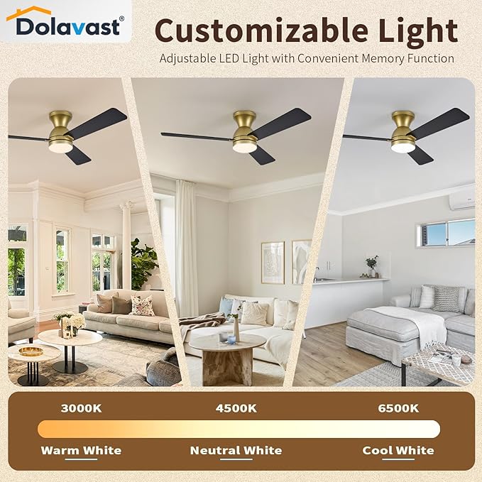Ceiling Fans with Lights, 48 inch Low Profile Ceiling Fan with Light and Remote Control, Flush Mount, Reversible, 3CCT, Dimmable LED, Noiseless, Gold Ceiling Fan for Bedroom, Dining Room