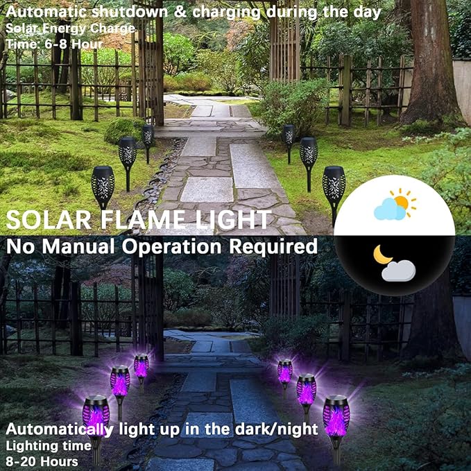 Solar Lights Outdoor Decorations, Upgraded Purple Flickering Flame, Waterproof Halloween Torch Lights, Tiki Torches for Outside Patio Pathway Decor, 6 Pack (24)