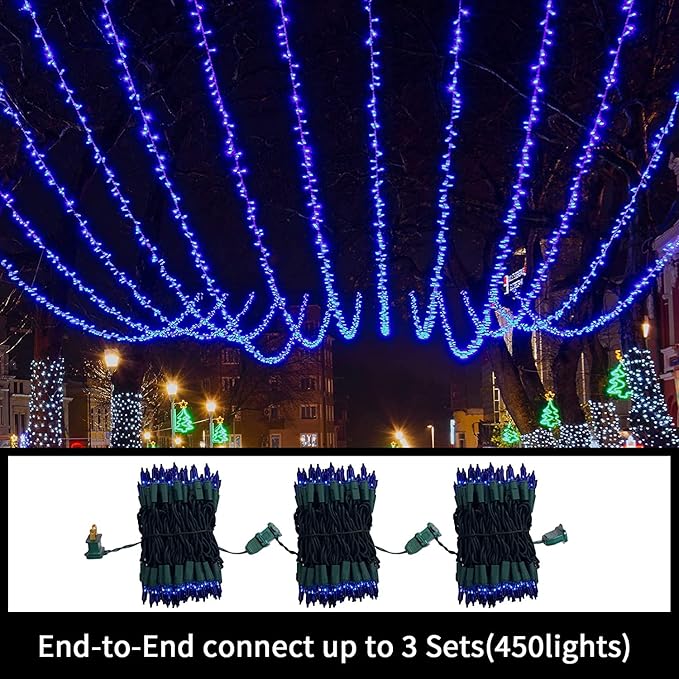 LAMPHOME Blue Christmas Lights Decoration 300Lights 63.8ft(2pk of 150L) UL Certified Mini Bulb String Lights Set Hanukkah Traditional Light for Outdoor Christmas Tree Garden Holiday Party Patio Decor