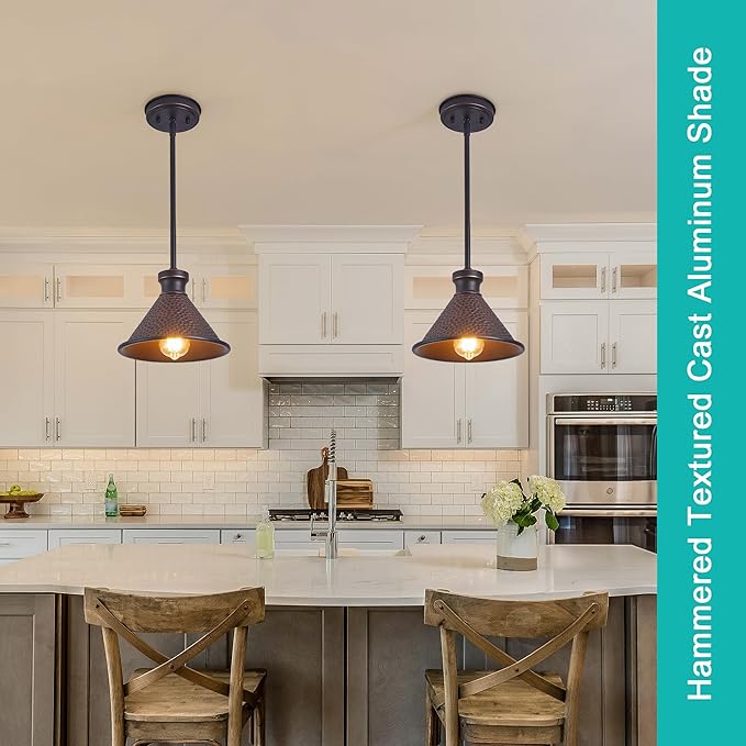 Pendant Light (2 Packs), Kitchen Lights Ceiling Hanging,Oil-Rubbed Bronze Finish, Farmhouse Lighting for Kitchen Island Room,Vintage Hammered Textured Aluminum Shade, Height Adjustable