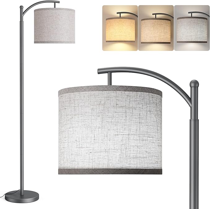ROTTOGOON Floor Lamp for Living Room with 3 Color Temperatures LED Bulb, Standing Lamp Tall Industrial Floor Lamp Reading for Bedroom, Office (9W LED Bulb, Beige Lampshade Included) -Grey