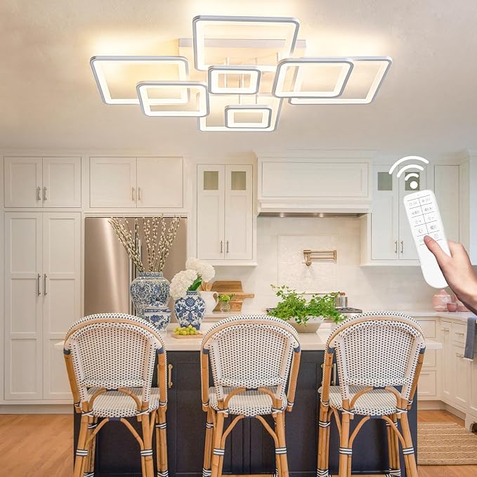 Modern Ceiling Light, 39.4'' Dimmable LED White Flush Mount Ceiling Lights with Remote Acrylic Round Ceiling Lamp Fixture for Low Ceiling Bedroom Living Room Dining Room, 100W