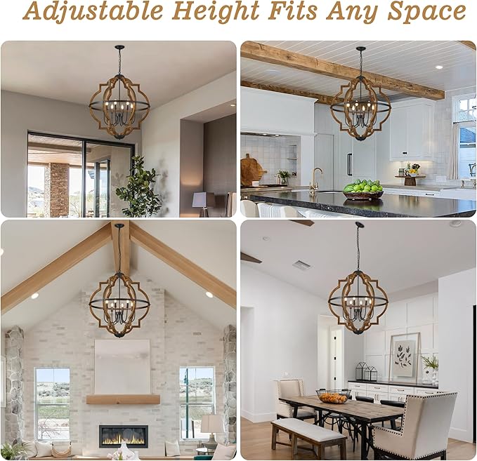 8-Light Farmhouse Wood Pendant Light,31.96'' Vintage Rustic Brown Oak Wood Chandeliers,Retro Industrial Hanging Light Fixtures for Dining Room Entryway, Bedroom
