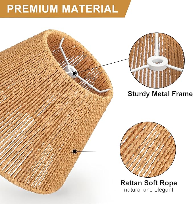 Small Rattan Lamp Shades Set of 2, Boho Lamp Shades for Table Lamps, 5.5" Top x 10" Bottom x 6.6" High, Wicker Lampshade Replacement for Bedroom, Hand Woven, Spider, Bulb Clip Adapters Included