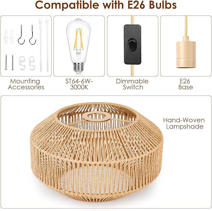 Rattan Pendant Light Plug in - 15ft Hanging Lamp Cord with Switch, Boho Hanging Light Fixture, Handwoven Boho Lamp for Living Room, Bedroom, Kitchen Island, Hallway (3 Brightness Levels)