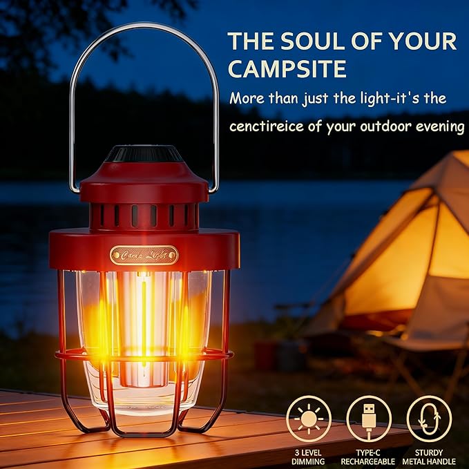HOMY Vintage Camping Lantern Premium Metal LED Rechargeable Dimmable Warm Light for Glamping, Patio, Home Decor Retro Portable Tent Lamp