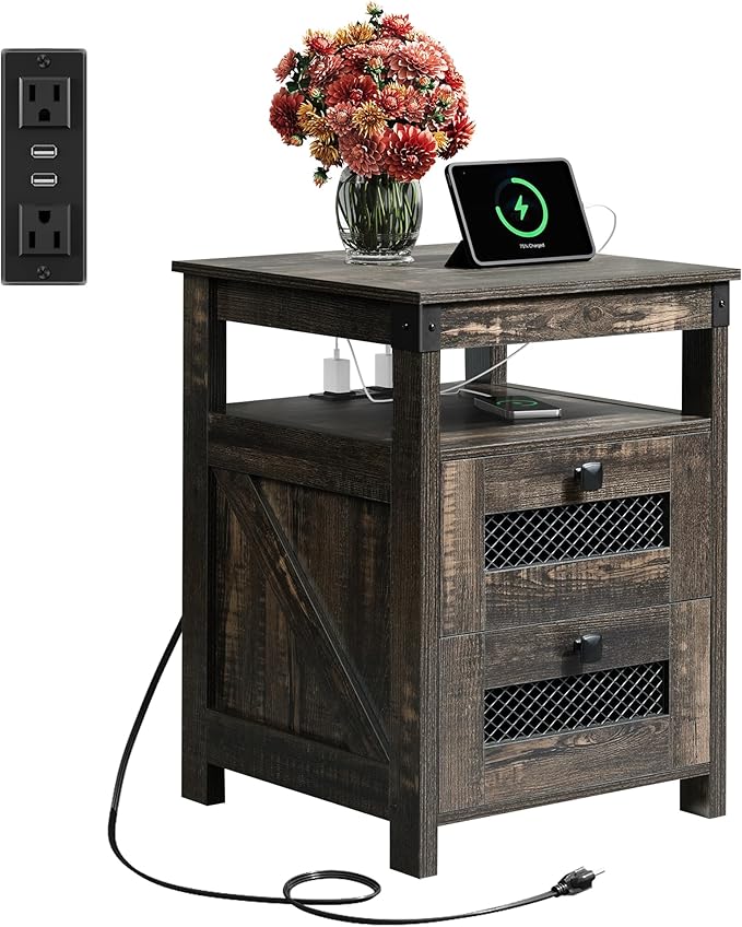 WLIVE Night Stand with Charger Station, End Tables Bedroom, Living Room, Bed Side Table with 2 Wooden Storage Drawers, Farmhouse Nightstand with USB Ports and Outlets, Dark Rustic Oak