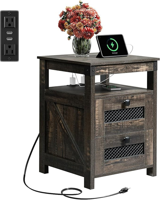 WLIVE Night Stand with Charger Station, End Tables Bedroom, Living Room, Bed Side Table with 2 Wooden Storage Drawers, Farmhouse Nightstand with USB Ports and Outlets, Dark Rustic Oak