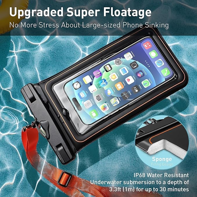Marine IP68 Waterproof Phone Pouch, Floating Waterproof Dry Bag Compatible for iPhone 17 16 15 14 13Pro Max Plus Up to 7",Cellphone Cruise Essentials Must Haves, 1 Pack- Black/Hi-Vis Orange