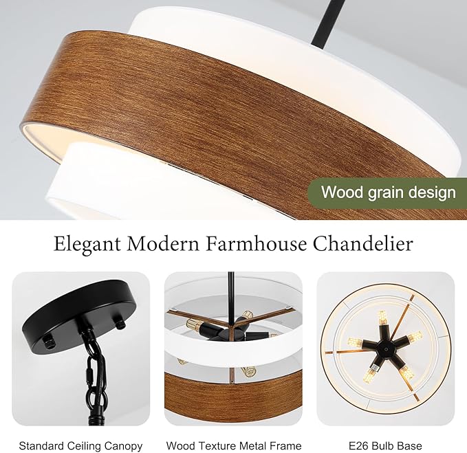 19.7'' Farmhouse Chandelier, 5-Light Drum Chandelier Round Pendant Light Fixture with Fabric Shade, Wood Grain Rustic Chandeliers for Dining Room Bedroom Living Room Foyer Entryway