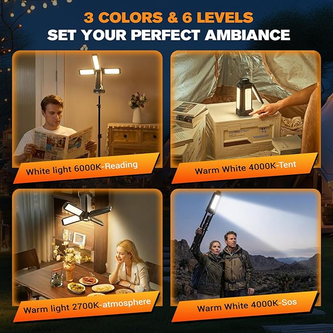 6500LM Camping Lantern & Flashlight | 20000mAh Power Bank, 40H Runtime, Magnetic Tripod | 3 Colors for Tent, Outdoor & Emergency Light