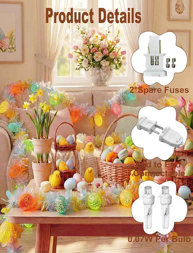 Easter Cracked Egg String Lights, 8.5Ft Plug in Easter Egg Garland with 10 LED Multicolored Cracked Eggs, Tinsel Garland Decor for Home Bedroom Garden Party Indoor Outdoor Decorations