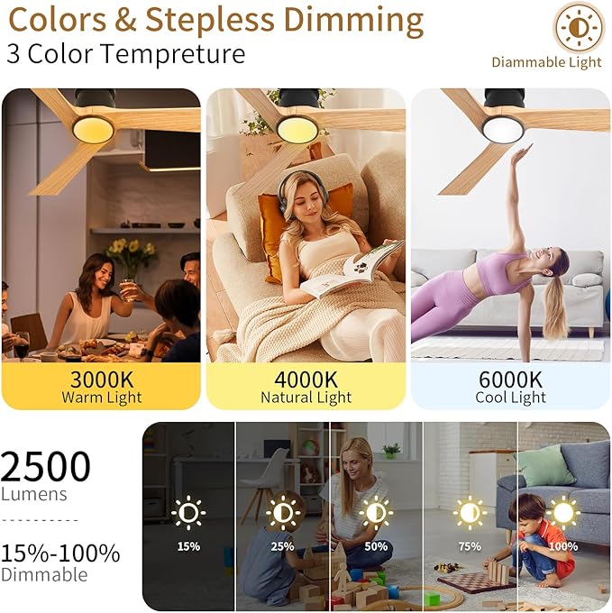 Ceiling Fan with Lights Flush Mount,52 Inch Wood Ceiling Fans with Remote Control Noiseless Reversible DC Motor 6 Speed Timer for Bedroom,Living Room