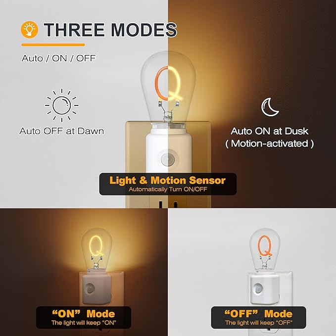LED Motion Sensor Night Lights Plug Into Wall, Dusk to Dawn Sensor, 2200K Amber Warm Dimmable Home Decor Q-Type Nightlight, 1-Pack
