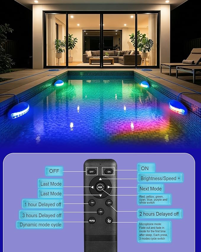 INDARUN 5V RGB Color Changing Led Pool Light with Smart IC, 15W Low Power Underwater Pool Light with Remote Control, IP68 Waterproof, for Pool Party, Fountain, Pond, Garden