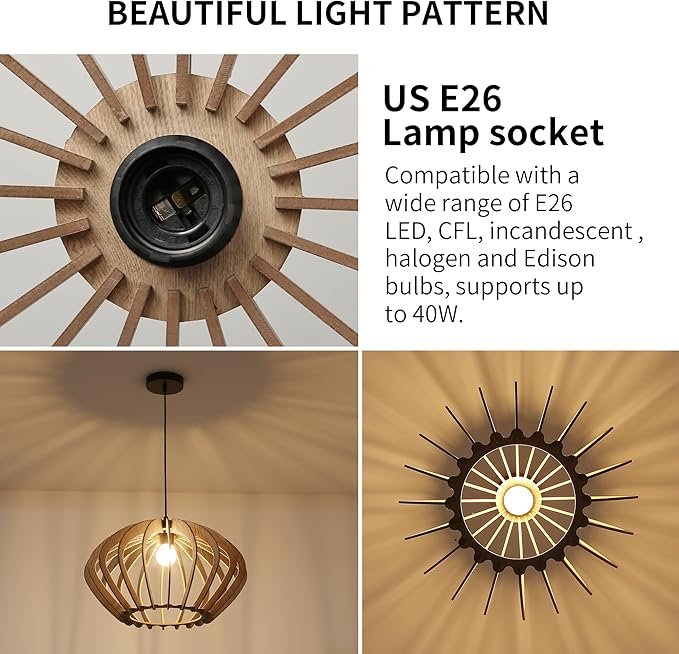 Vintage Wood Pendant Light Fixtures, Modern Farmhouse Walnut Lantern-Shape Dining Room Chandelier, Mid-Century Ceiling Mount Hanging Light Fixture for Kitchen Decor, Black