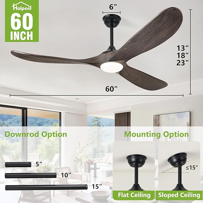 Haipeel 60 Inch Outdoor Ceiling Fans with Lights, Propeller Solid Wood Ceiling Fans with Light and Remote Control for Outdoor Ceiling Fan with Light for Patio Farmhouse, DC ETL Listed, Deep Brown