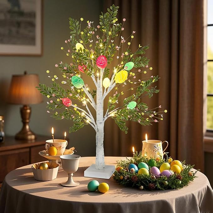 DR.DUDU 27 Inch Easter Decor for Home – 2 Pack Lighted Easter Trees, Light Up Birch Trees with Easter Egg, Tabletop Spring Decor for Mantel Indoor Office