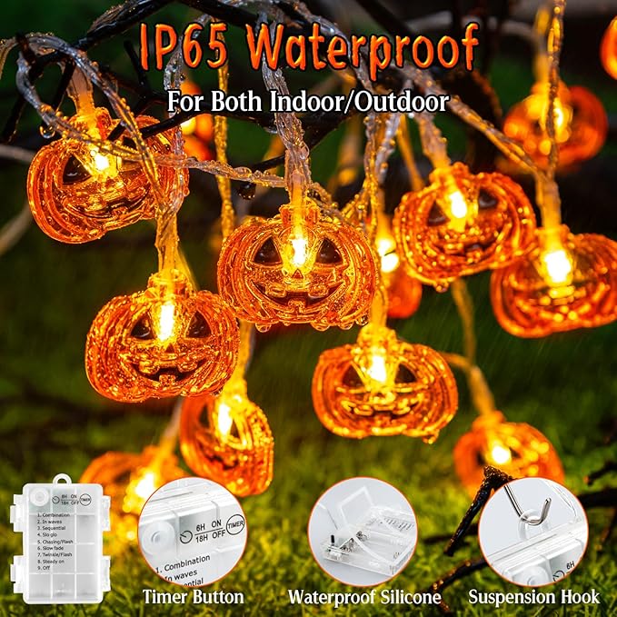 Halloween Lights Pumkin Lights 10FT 20LED with Timer 8 Modes Battery Operated Indoor Outdoor for Halloween Decorations, Pumpkin Decor