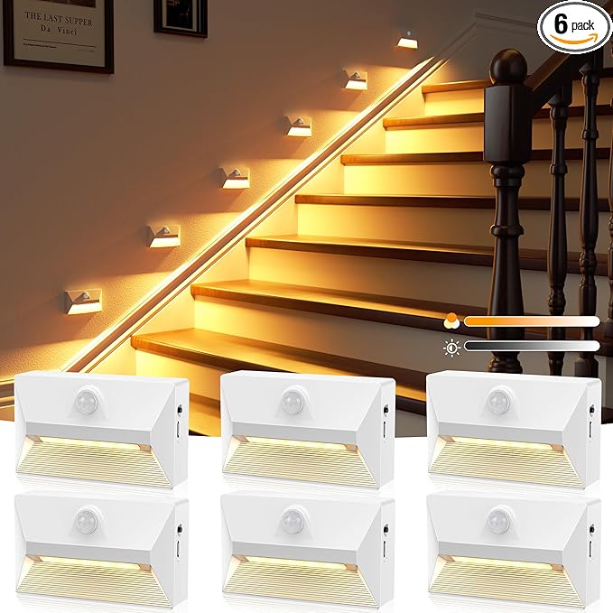 NIORSUN Motion Sensor Night Light, Rechargeable Stair Lights Indoor, 3 Colors and Motion Modes 2000 mAh Battery Night Light with Light Sensor for Stairway, Hallway, Bathroom, Kitchen White 6 Pack