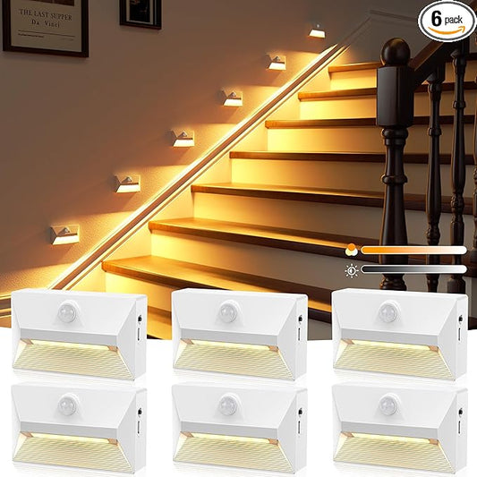 NIORSUN Motion Sensor Night Light, Rechargeable Stair Lights Indoor, 3 Colors and Motion Modes 2000 mAh Battery Night Light with Light Sensor for Stairway, Hallway, Bathroom, Kitchen White 6 Pack